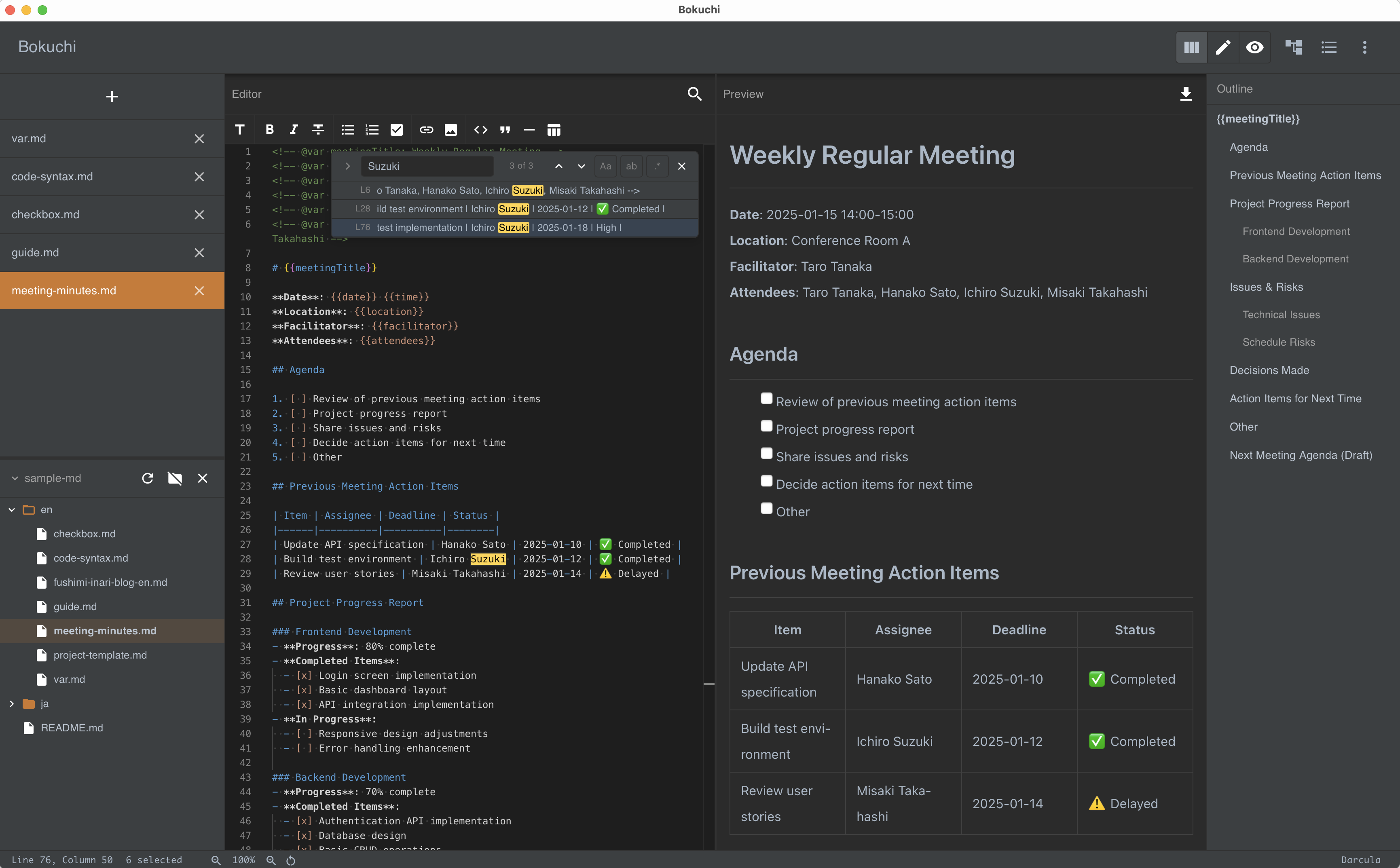 Bokuchi editor with split view